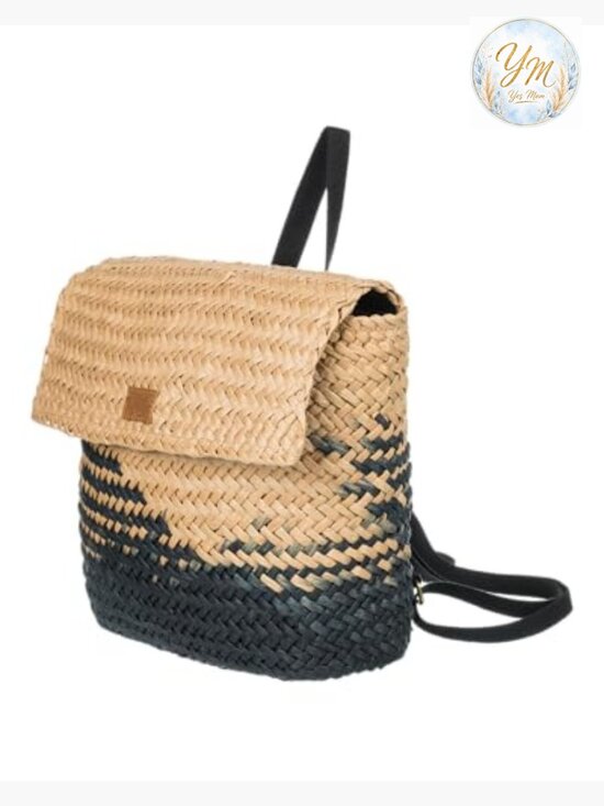 Woven Straw Backpack Flap Over Drawstring Closure Travel Lightweight